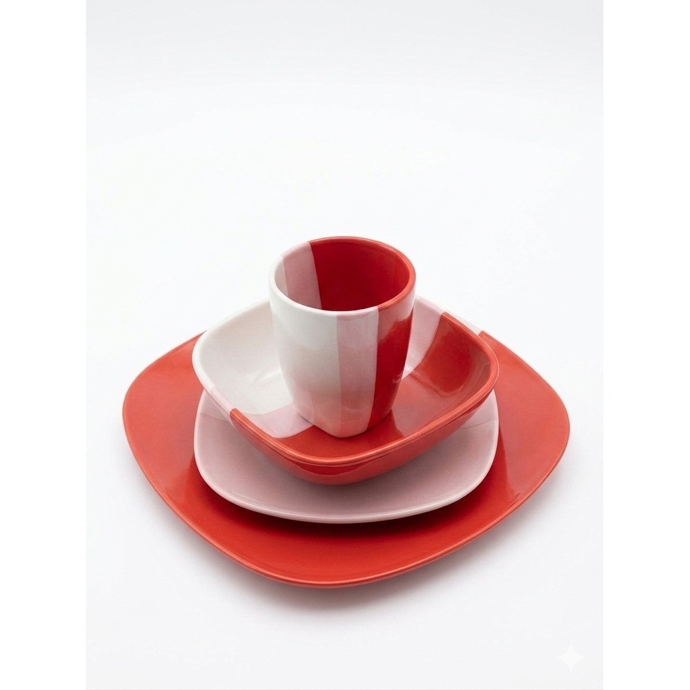 Gibson Home Surreal‎ Hues Square Dinnerware Set Red White Color Block 4pc Set